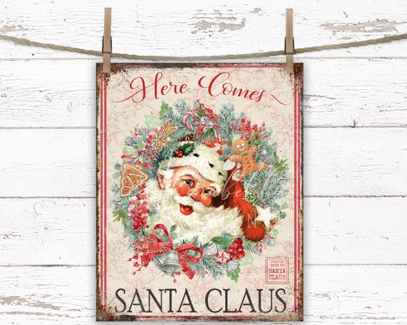ヴィンテージサンタクロースのクリスマスサイン：素朴な農家風リース