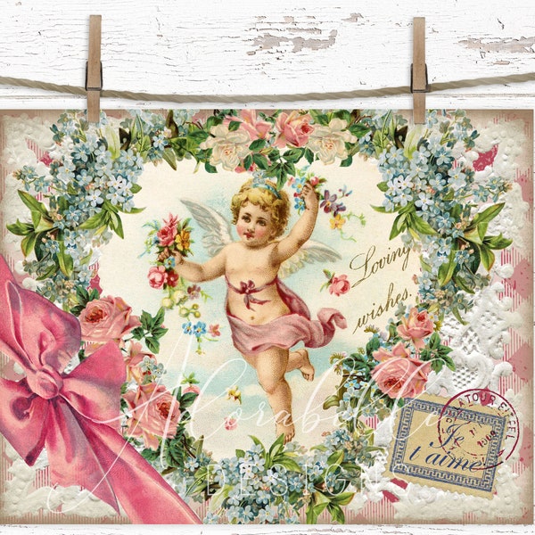 Valentine's Day Cupid Cherub Angel DIY Digital Print Shabby Chic Antique Vintage Lace Pink Roses Farmhouse Rustic Tiered Tray Wreath Decor