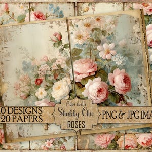 Papel digital imprimible con rosas Shabby Chic, portada de diario basura DIY, estilo rústico francés de granja, 8,5 x 11 pulgadas, collage rústico para álbum de recortes, manualidades de cabaña
