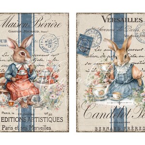May include: Two vintage postcards featuring illustrations of rabbits in teacups. The postcards have a rustic, vintage aesthetic with handwritten text and blue and white stripes. The text on the left postcard reads "Maison B&eacute;vi&egrave;re Gaston Michaud, Succ!" and "LES EDITIONS ARTISTIQUES Paris et ses Merveilles". The text on the right postcard reads "VERSAILLES Avenue de Paris" and "Candelet Tere OFFICIER DACADEMIE BERNARD FR&Egrave;RES".