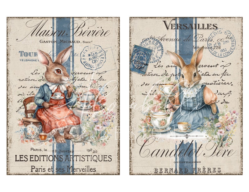 May include: Two vintage postcards featuring illustrations of rabbits in teacups. The postcards have a rustic, vintage aesthetic with handwritten text and blue and white stripes. The text on the left postcard reads "Maison B&eacute;vi&egrave;re Gaston Michaud, Succ!" and "LES EDITIONS ARTISTIQUES Paris et ses Merveilles". The text on the right postcard reads "VERSAILLES Avenue de Paris" and "Candelet Tere OFFICIER DACADEMIE BERNARD FR&Egrave;RES".