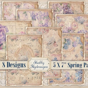 May include: Eight digital paper designs featuring a shabby chic style with hydrangeas and a vintage aesthetic. The papers are 5 inches by 7 inches and have a light brown background with floral patterns and text.