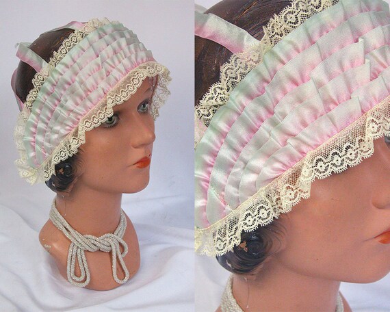 1920s Boudoir Cap Bandeau ~ 20s Rainbow Silk & Lac