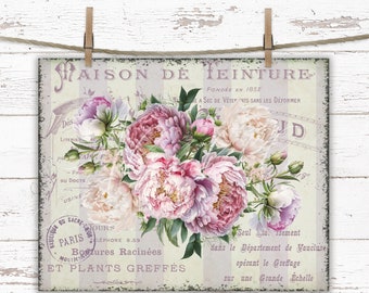 Shabby Chic Peonies French Script Print: Vintage Cottagecore Wall Art (Digital Download)