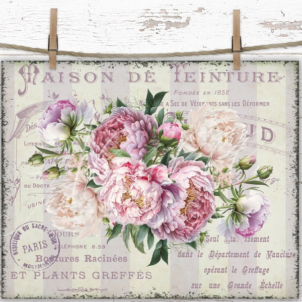 Shabby Chic Peonies French Digital Download Print Transfer, Cottagecore Decor Romantic Wall Art,  Pink Purple Print Vintage Farmhouse Decor