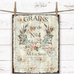 Shabby Chic Printable Pink Roses DIY Digital Print Cottagecore Decor Romantic Vintage French Grain Feedsack Wall Art Cottage Junk Journal