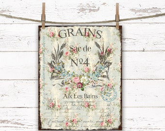 Pink Roses French Grain Sack Print: Shabby Chic Cottagecore Wall Art (Digital Download)