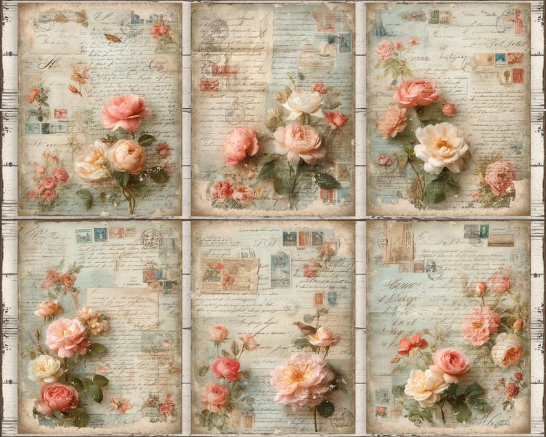Pink Roses College Shabby Chic Pink Roses Collage Paper Pack, French Ephemera (digital ...