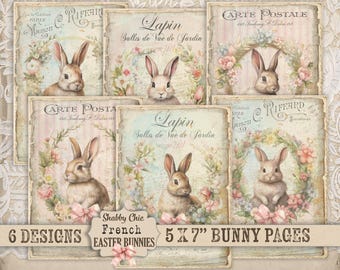 May include: Six vintage-style printable pages featuring bunnies and floral wreaths. Each page is 5 inches by 7 inches and includes French text, such as "Lapin" and "Salles de Vue de Jardin".