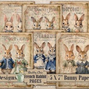 May include: A collection of six vintage-style paper designs featuring illustrations of rabbits in various outfits. The papers have a distressed, aged appearance with French text and floral accents. The text on the papers reads "Shabby Chic French Rabbit Pages" and "5 X 7" Bunny Papers".