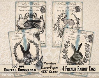 French Farmhouse Easter Bunny Tags: Vintage Primitive Style 4x6 (Digital Download)