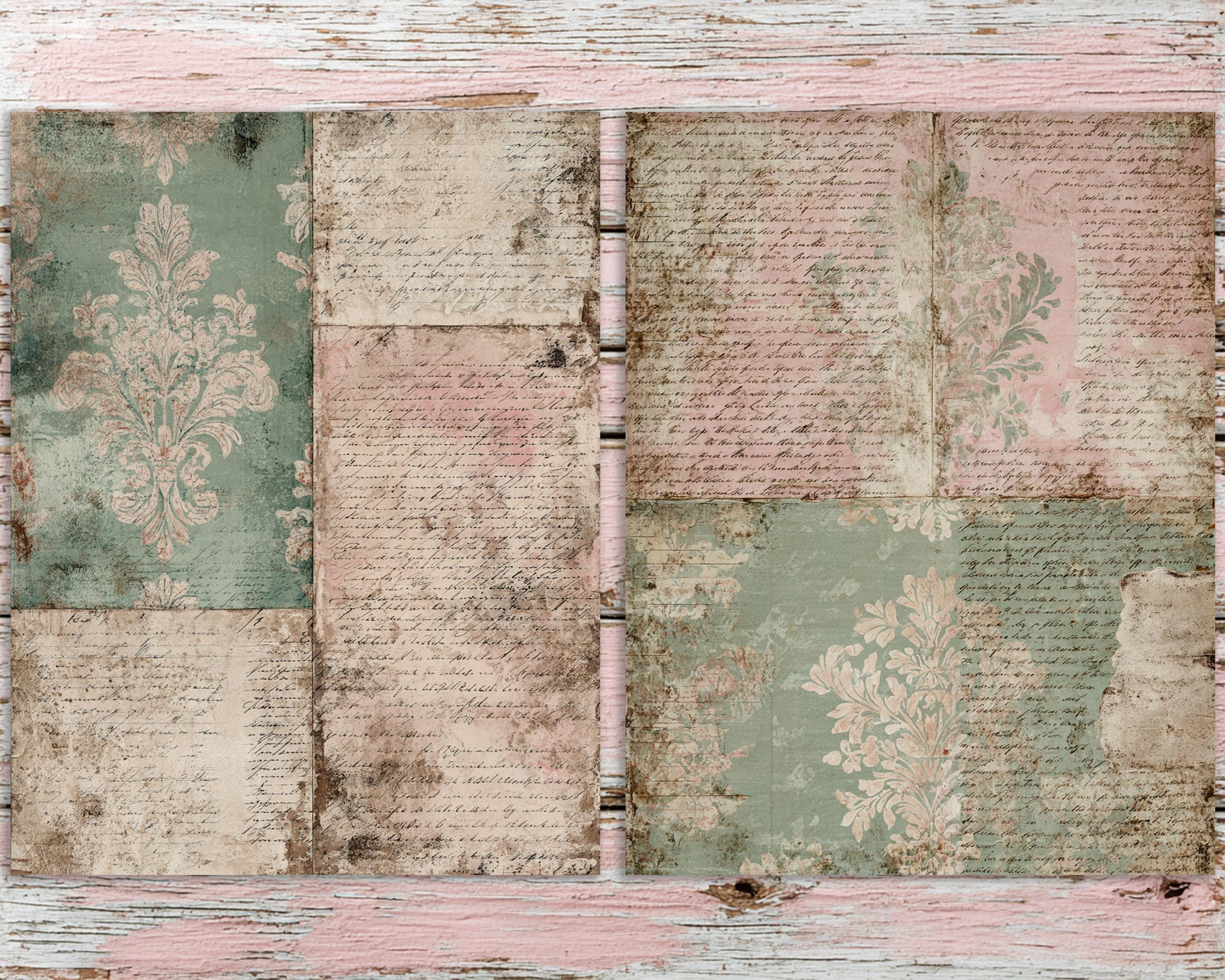 Shabby French Antique Script Journal Pages | Sage Damask Paper Pack ...