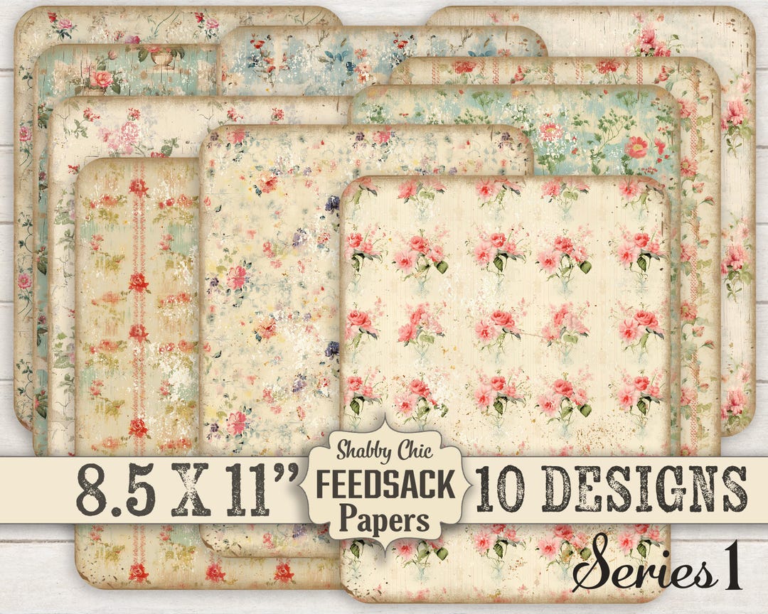 Shabby Chic Roses Digital Paper Pack: Vintage Feedsack Designs (8.5x11 ...