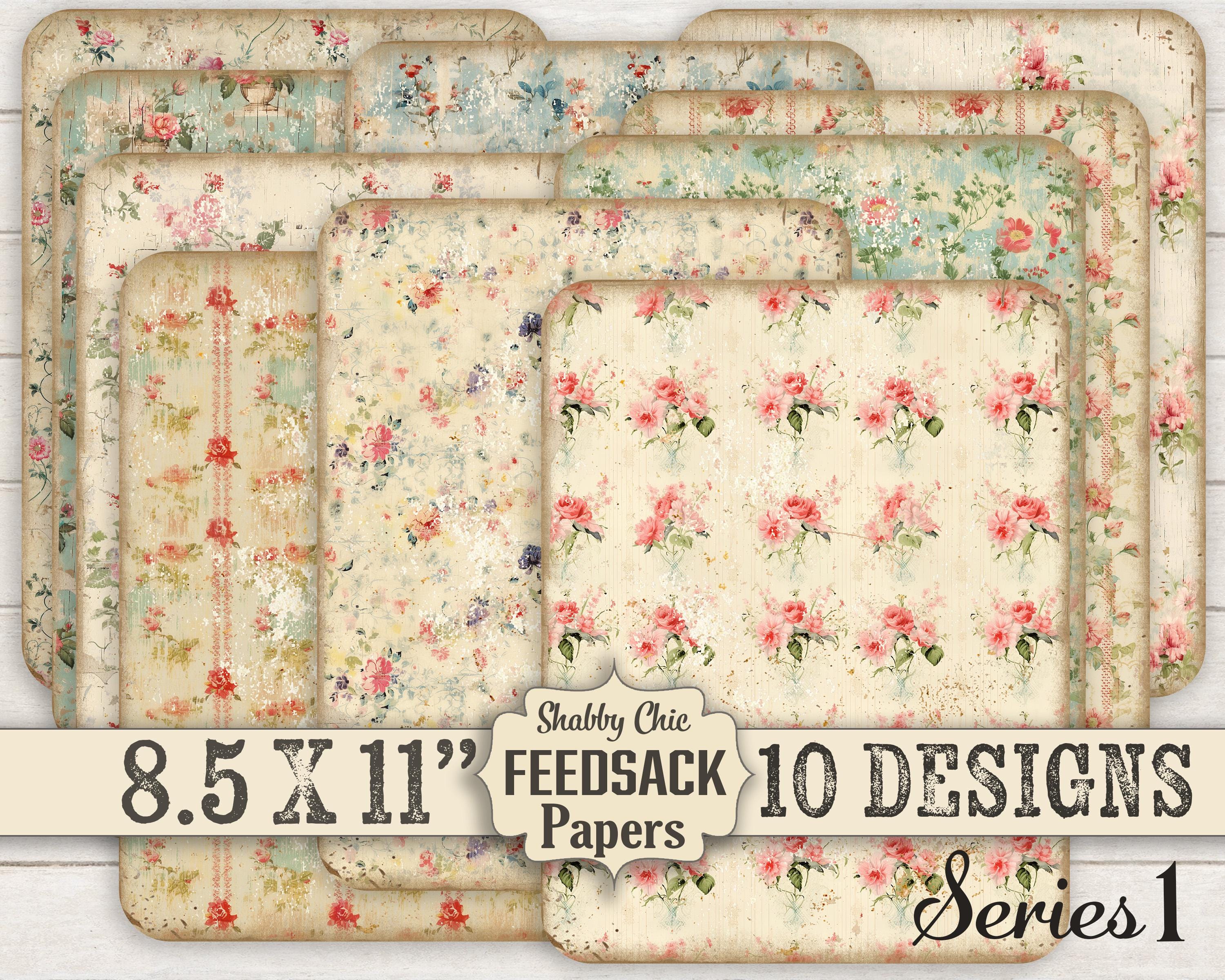 Shabby Chic Feed Sack Roses Printable Digital Paper Pack DIY Junk Journal Vintage Feedsack Country Folk Art Farmhouse 8.5X11" Rustic Cottage