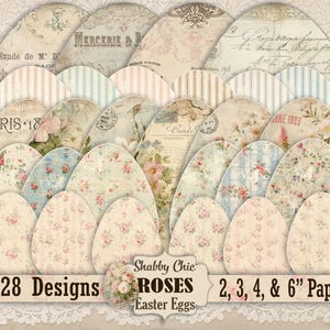 Huevos de Pascua imprimibles con estilo shabby chic, almohada con rosas rosas digitales, rayas, manualidades navideñas, diario basura de estilo rústico francés de 2, 3, 4 y 6 pulgadas