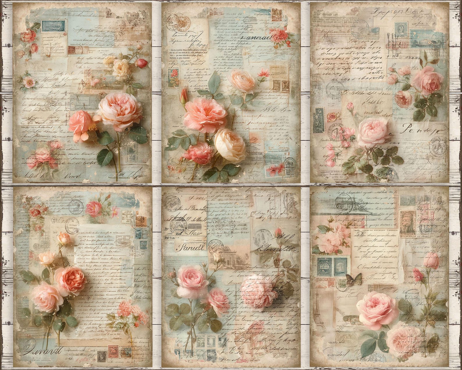 Pink Roses College Shabby Chic Pink Roses Collage Paper Pack, French Ephemera (digital ...