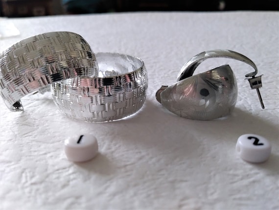 Vintage Silver Hoop Earrings/Weave Design/Frost A… - image 2