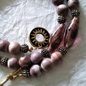 Sea Urchin Shell (Natural) Necklace With Lamp Work Glass Beads/Mauve/Purple/Gold