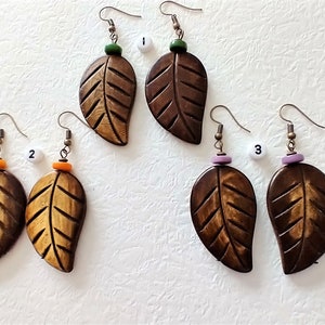 Large Brown Leaf Pierced Earrings With A Hint Of Tagua/Brass/Horn/Tagua/Three Colors