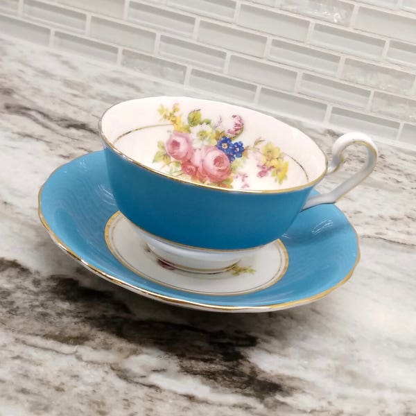 Vintage Victoria Cartwright and Edwards blue and white bone china tea cup and saucer set with floral transfer, Victoria C & E teacup