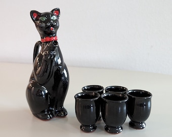 Shafford redware cat sake set and small cups, cat tea pot, small black tea cups, Japanese tea. Sake set, black cat Japan