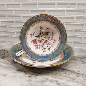 Royal Stafford Fine Bone China Blue and Gold Gilt Floral Tea cup set, Royal Stafford flower teacup, bouquet transfer, floral tea set -A