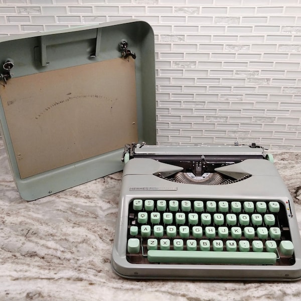 RESERVED Vintage 1960s Hermes Rocket portable typewriter, Seafoam green Hermes Rocket, portable Hermes typewriter, vintage office decor