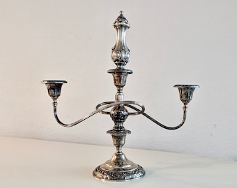 Antique Sheridan silver plate candelabra, 3 arm candelabra with finial, Sheffield Silver, large candle holder