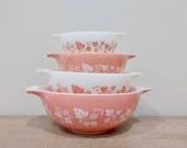 1950s Pink Pyrex Gooseberry mixing bowls, pink Pyrex nesting bowls, gooseberry mixing bowls, pink Cinderella bowls, set of 4, wedding gift