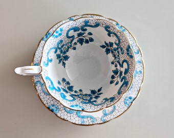 1950s Royal Stafford blue and white teacup, teacup and saucer, teal and white, gold details, floral Royal Stafford, blue leaf and scroll