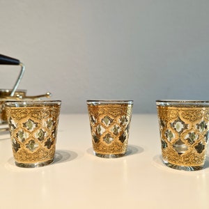 MCM Culver Valencia shot glass set, Culver shot glasses with carrier, Culver Valencia Glasses, set of 6 culver glasses, green and gold image 3