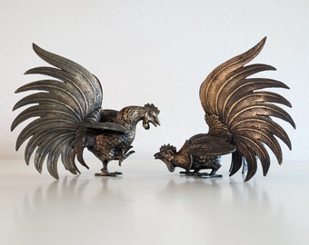 1960s Solid Brass Fighting Roosters, brass rooster sculpture, fighting rooster, pair of fighting birds, MCM brass, mid century sculptures