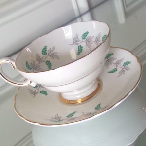 Antique Crown Staffordshire simple green grapes tea cup and saucer, art deco tea set