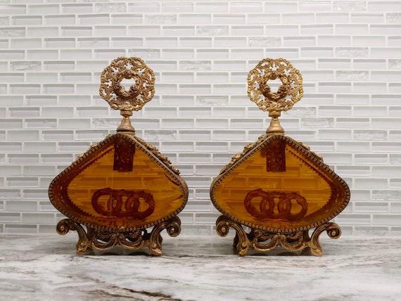Midcentury pair of French Ormolu glass perfume bot