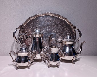 Vintage Oneida silverplate tea service, Oneida silver teaset, large butler tray, teapot, silver plate tea, 5 piece tea service