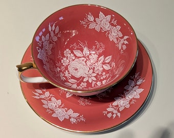 Vintage Aynsley Rose tekopp och fat, bränd orange blommig, guldkant