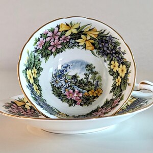 Vintage Paragon Seasonal Greetings tea cup and saucer, floral Paragon teacup, flower Paragon tea cup, Spring Scene