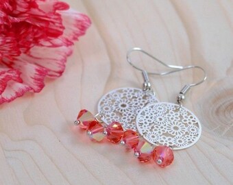 Boucles D'oreilles Chandelier Argent Cristal Rose Rouge - Faites En France, Neuves