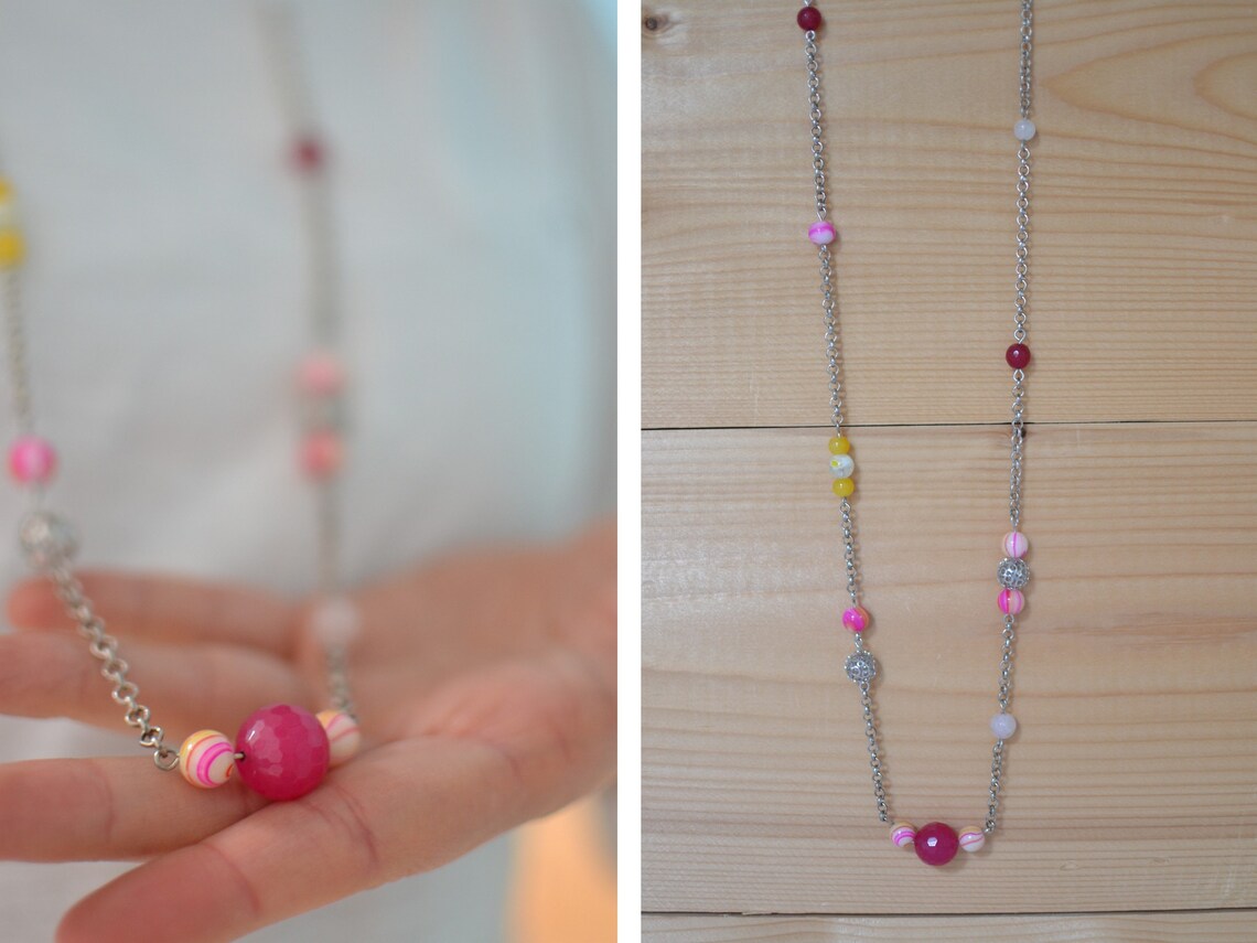 Sautoir Fantaisie Bicolore Perles Rocailles Et Acier - Couleurs Rose Pâle Et Citrine - Occasion