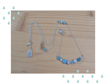 Collier fantaisie argenté et plastron en quartz bleu