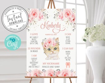 10-214 Flowers Editable Kitten Birthday Milestone Board Corjl Template Floral Kitty Cat Sign You Edit Printable Instant download