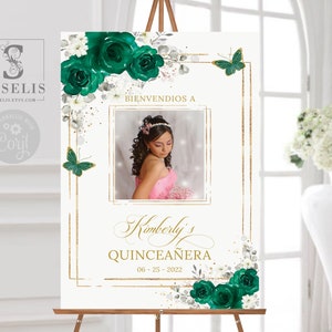 EDITABLE Photo Quinceañera Welcome Sign, Template, Emerald Green Flowers, Sweet Sixteen, Wedding, Poster, Signage, Instant Download QU084