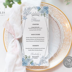 EDITABLE Menu Template, Quinceanera Sweet 16, Baby Blue Flowers, Silver, Butterfly, Mis Quince, Sweet 16, Wedding, Instant Download, QU181