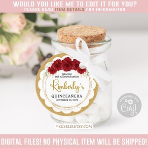 Editable Quinceanera Scalloped Tag, Thank You, Ruby Red Gold Gift Favor Tag, Mis Quince 15th Birthday Corjl Template, Instant Download QU166