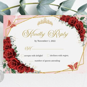 Editable RSVP Card Template, Kindly Reply, Ruby Red Roses Flowers, Quinceañera, Sweet Sixteen, Printable, Instant Download, QU197