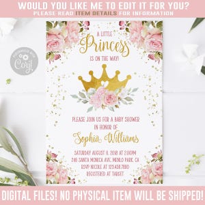 EDITABLE Princess Baby Shower Sprinkle Invitation, Corjl Template, Pink Gold Crown, Blush Pink Flowers, Instant Download DIGITAL, BS237