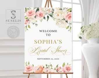 EDITABLE Welcome sign Template, Bridal Shower, Blush Pink Flowers, Printable, Poster, Signage, Quince, Sweet 16, Instant Download, WS092