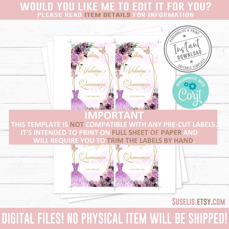 EDITABLE Quinceañera Wine Bottle Labels Purple Pink Etsy