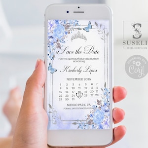 Editable Save the Date Template, Blue Flowers, Text Invite, Quinceañera, Sweet 16, Evite, SMS Email, Printable Instant download, QU058