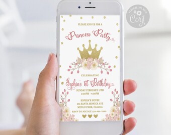 EDITABLE Evite, Birthday Invitation, Corjl Template, iPhone, SMS, Email, Princess Theme, Blush Flowers, Baby Girl Electronic DIGITAL, 10-031
